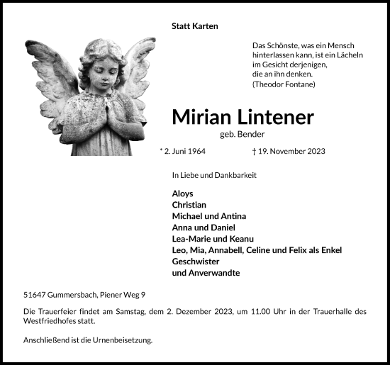 Anzeige von Mirian Lintener von Kölner Stadt-Anzeiger / Kölnische Rundschau / Express