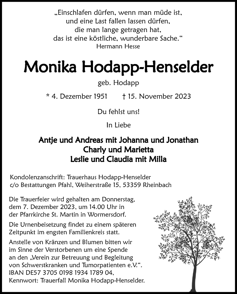  Traueranzeige für Monika Hodapp-Henselder vom 18.11.2023 aus Kölner Stadt-Anzeiger / Kölnische Rundschau / Express