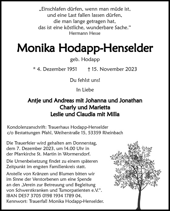 Anzeige von Monika Hodapp-Henselder von Kölner Stadt-Anzeiger / Kölnische Rundschau / Express