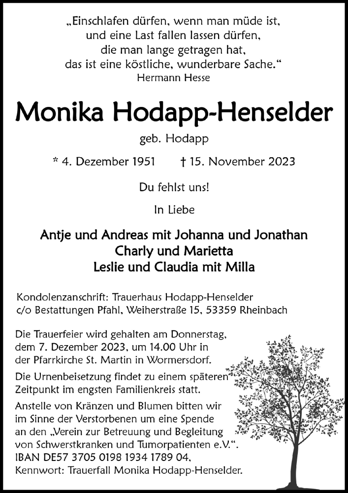  Traueranzeige für Monika Hodapp-Henselder vom 24.11.2023 aus  Schaufenster/Blickpunkt 
