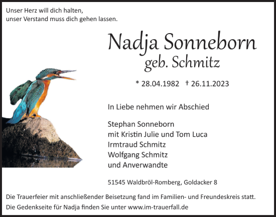 Anzeige von Nadja Sonneborn von  Lokalanzeiger 