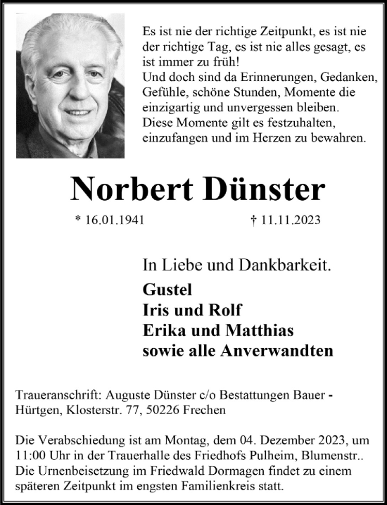 Anzeige von Norbert Dünster von  Wochenende 