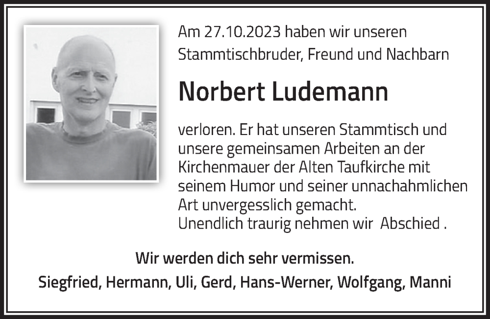  Traueranzeige für Norbert Ludemann vom 10.11.2023 aus  Bergisches Handelsblatt 