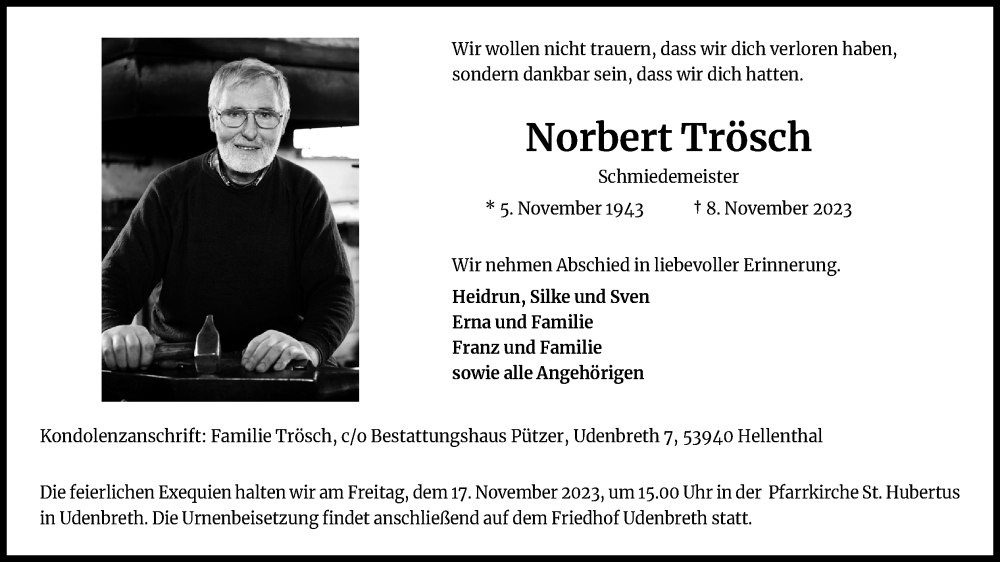  Traueranzeige für Norbert Trösch vom 14.11.2023 aus Kölner Stadt-Anzeiger / Kölnische Rundschau / Express