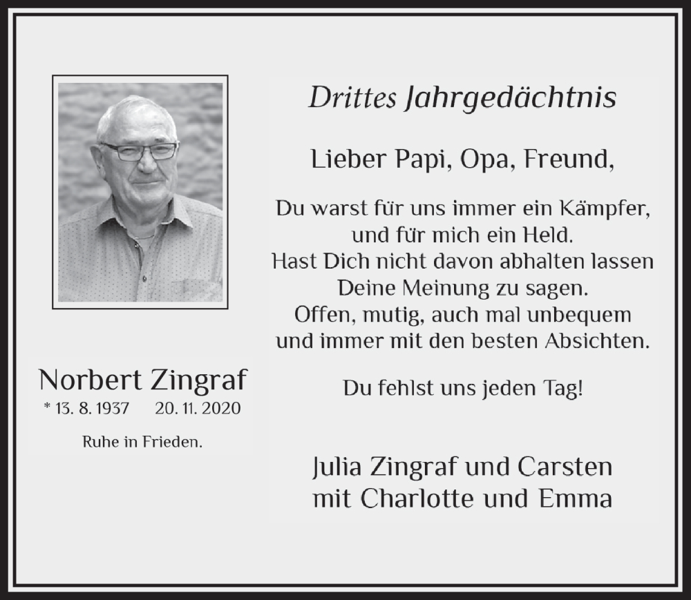  Traueranzeige für Norbert Zingraf vom 18.07.2023 aus  Werbepost 