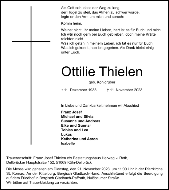 Anzeige von Ottilie Thielen von Kölner Stadt-Anzeiger / Kölnische Rundschau / Express