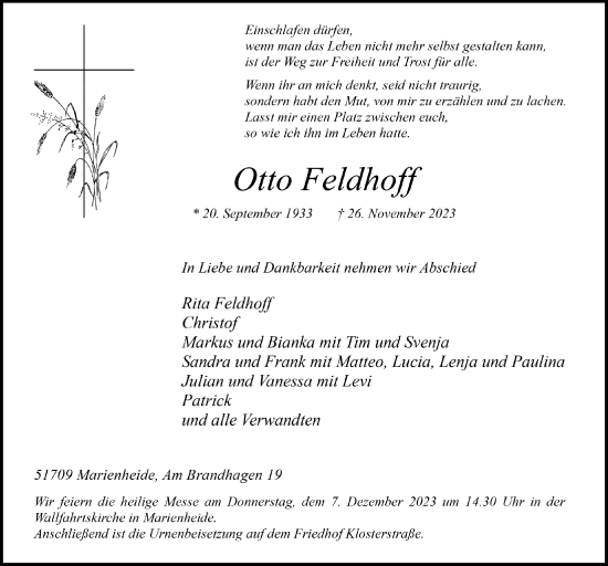 Anzeige von Otto Feldhoff von  Anzeigen Echo 