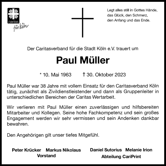 Anzeige von Paul Müller von Kölner Stadt-Anzeiger / Kölnische Rundschau / Express