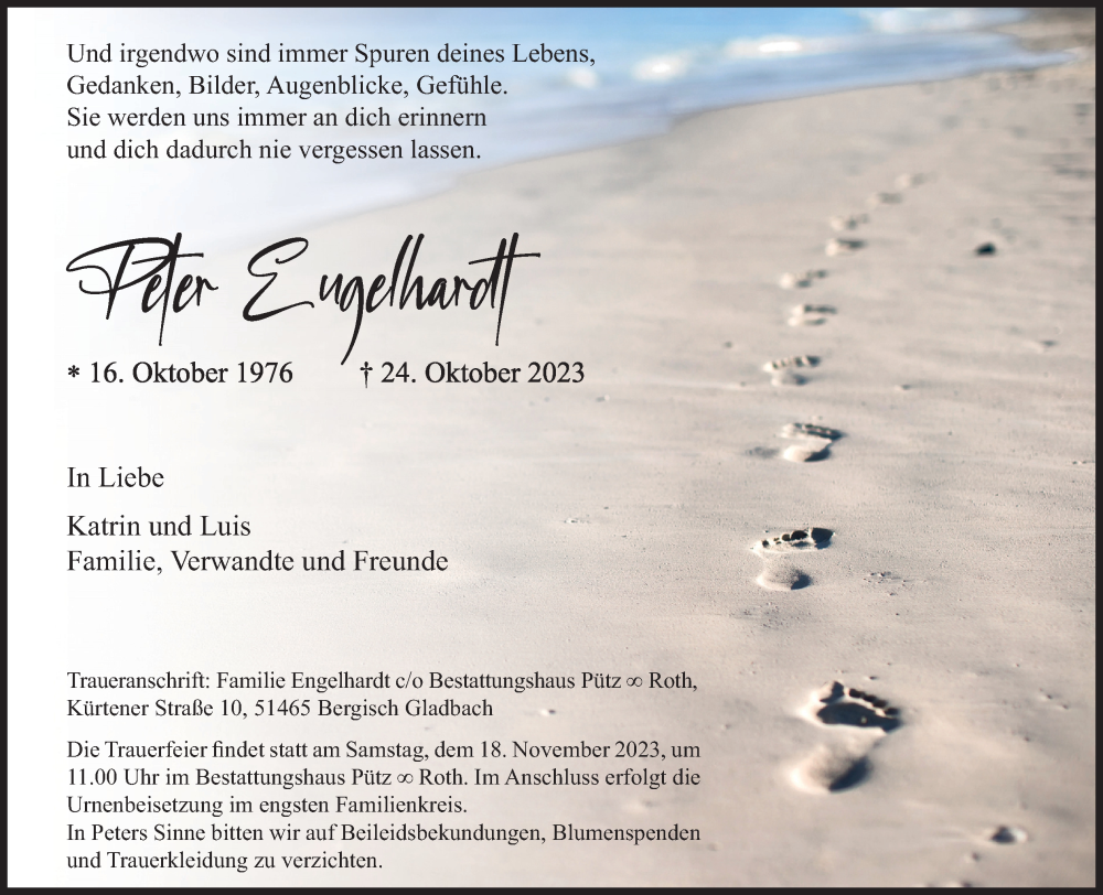  Traueranzeige für Peter Engelhardt vom 11.11.2023 aus Kölner Stadt-Anzeiger / Kölnische Rundschau / Express