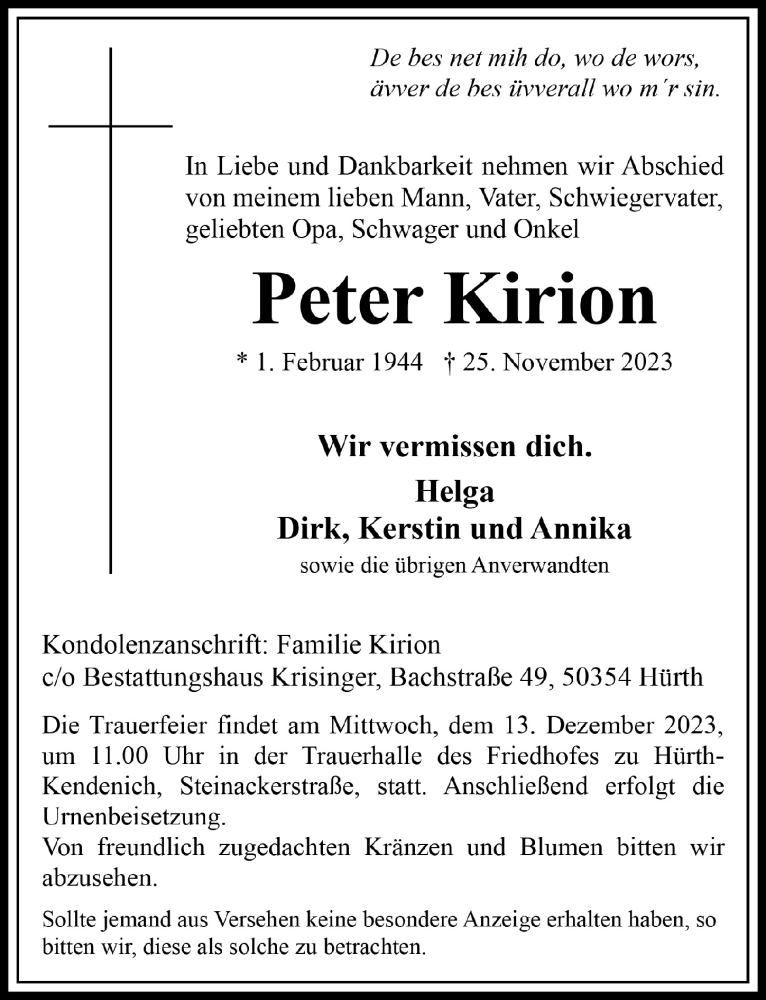  Traueranzeige für Peter Kirion vom 01.12.2023 aus  Wochenende 