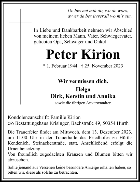 Anzeige von Peter Kirion von  Wochenende 