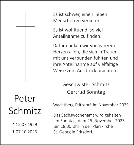 Anzeige von Peter Schmitz von  Schaufenster/Blickpunkt 