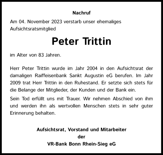 Anzeige von Peter Trittin von Kölner Stadt-Anzeiger / Kölnische Rundschau / Express