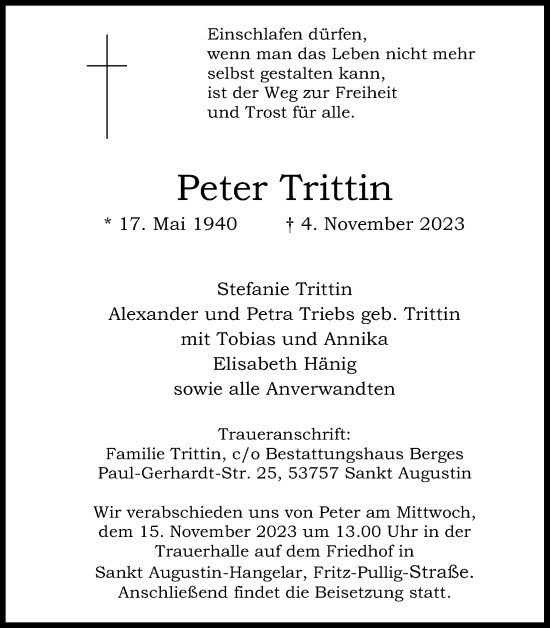Anzeige von Peter Trittin von Kölner Stadt-Anzeiger / Kölnische Rundschau / Express