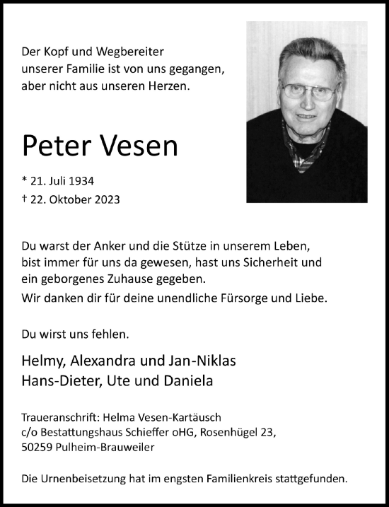 Anzeige von Peter Vesen von  Wochenende 