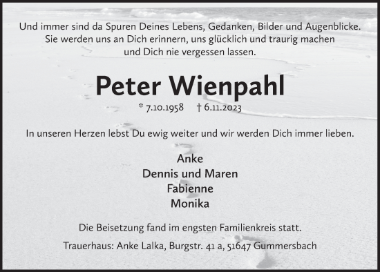 Anzeige von Peter Wienpahl von  Anzeigen Echo 