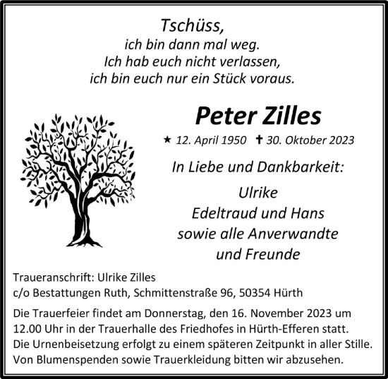 Anzeige von Peter Zilles von  Wochenende 