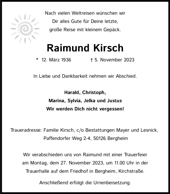 Anzeige von Raimund Kirsch von Kölner Stadt-Anzeiger / Kölnische Rundschau / Express