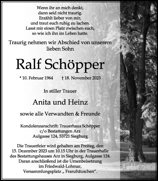 Anzeige von Ralf Schöpper von Kölner Stadt-Anzeiger / Kölnische Rundschau / Express