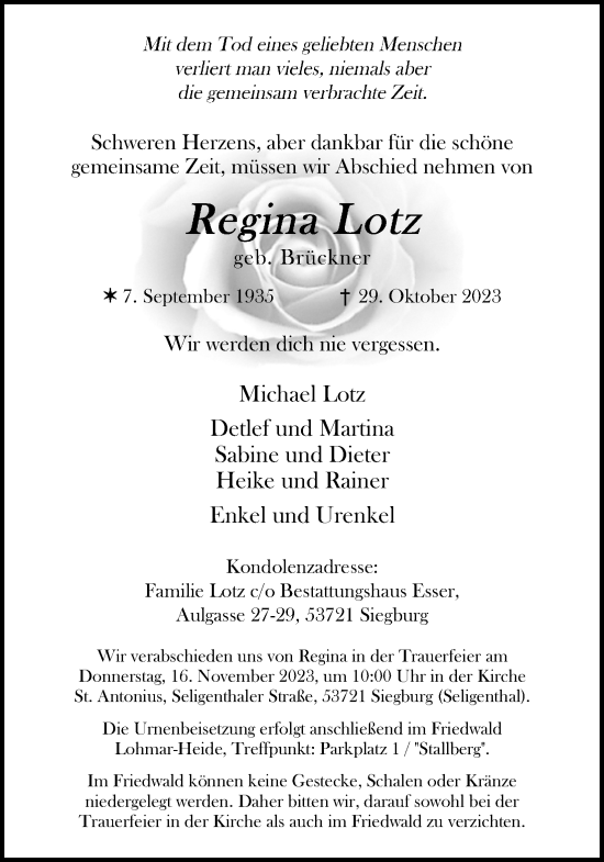Anzeige von Regina Lotz von Kölner Stadt-Anzeiger / Kölnische Rundschau / Express