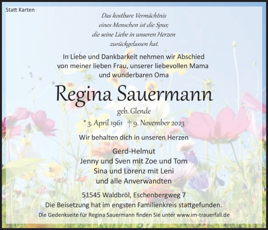 Anzeige von Regina Sauermann von  Lokalanzeiger 