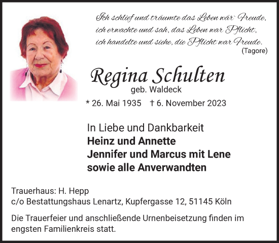 Anzeige von Regina Schulten von  EXPRESS - Die Woche 