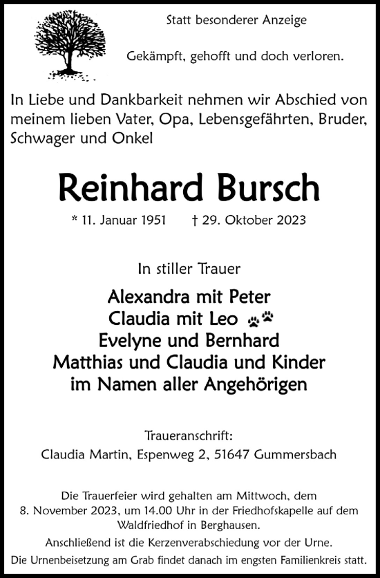 Anzeige von Reinhard Bursch von  Anzeigen Echo 
