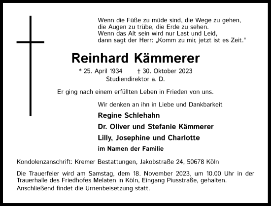 Anzeige von Reinhard Kämmerer von Kölner Stadt-Anzeiger / Kölnische Rundschau / Express