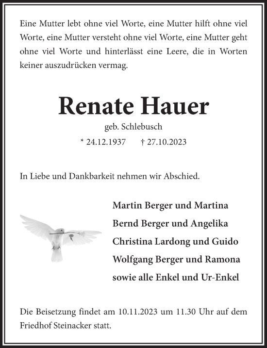 Anzeige von Renate Hauer von  Anzeigen Echo 