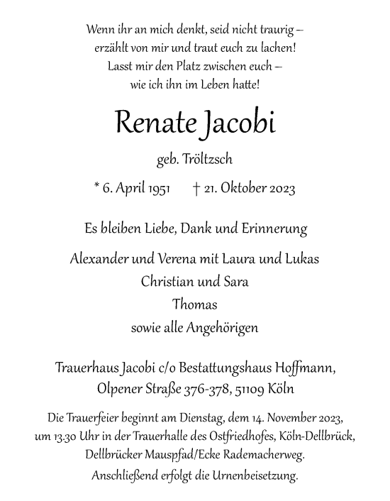 Anzeige von Renate Jacobi von Kölner Stadt-Anzeiger / Kölnische Rundschau / Express
