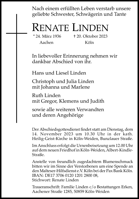 Anzeige von Renate Linden von Kölner Stadt-Anzeiger / Kölnische Rundschau / Express
