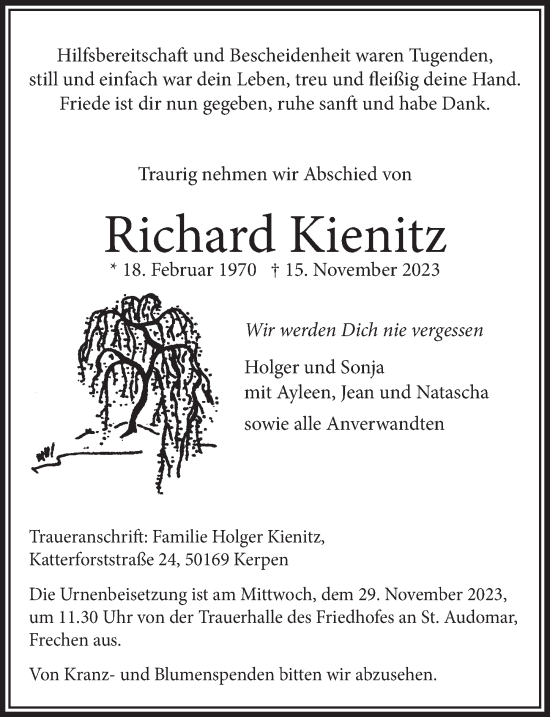 Anzeige von Richard Kienitz von  Wochenende 