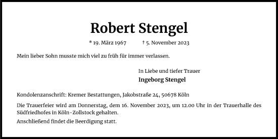 Anzeige von Robert Stengel von Kölner Stadt-Anzeiger / Kölnische Rundschau / Express