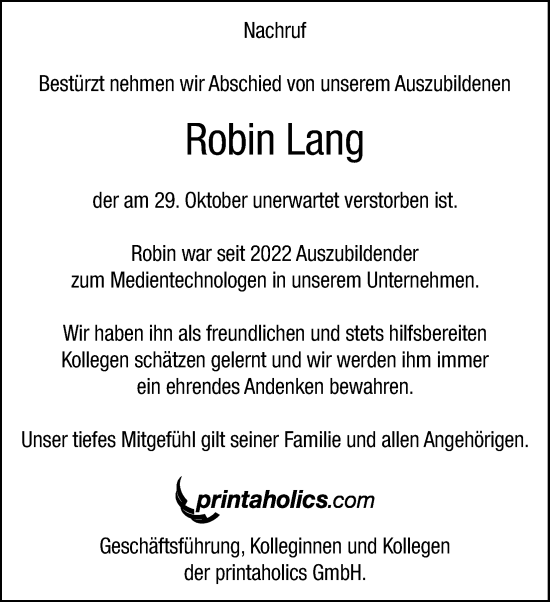 Anzeige von Robin Lang von Kölner Stadt-Anzeiger / Kölnische Rundschau / Express