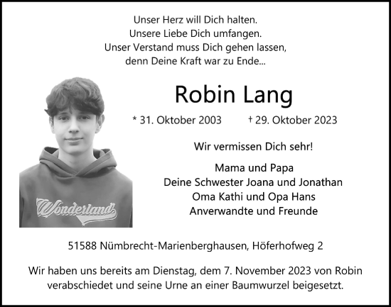 Anzeige von Robin Lang von  Lokalanzeiger 