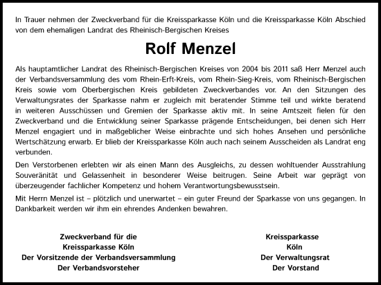 Anzeige von Rolf Menzel von Kölner Stadt-Anzeiger / Kölnische Rundschau / Express