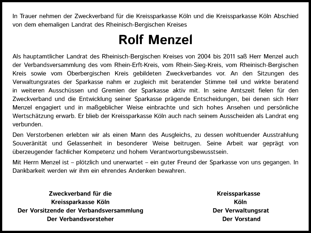  Traueranzeige für Rolf Menzel vom 04.11.2023 aus Kölner Stadt-Anzeiger / Kölnische Rundschau / Express