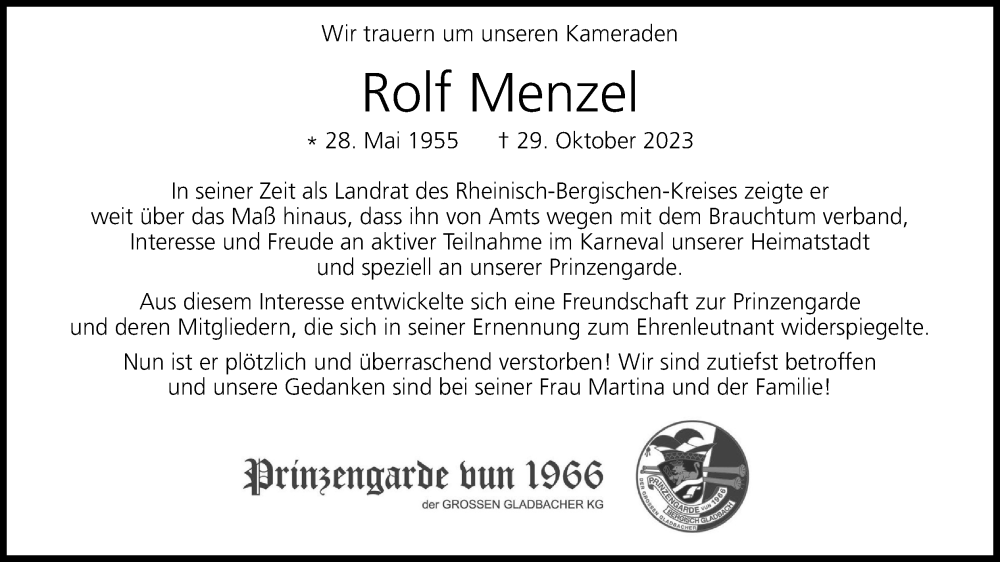  Traueranzeige für Rolf Menzel vom 04.11.2023 aus Kölner Stadt-Anzeiger / Kölnische Rundschau / Express