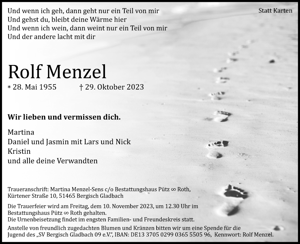  Traueranzeige für Rolf Menzel vom 04.11.2023 aus Kölner Stadt-Anzeiger / Kölnische Rundschau / Express