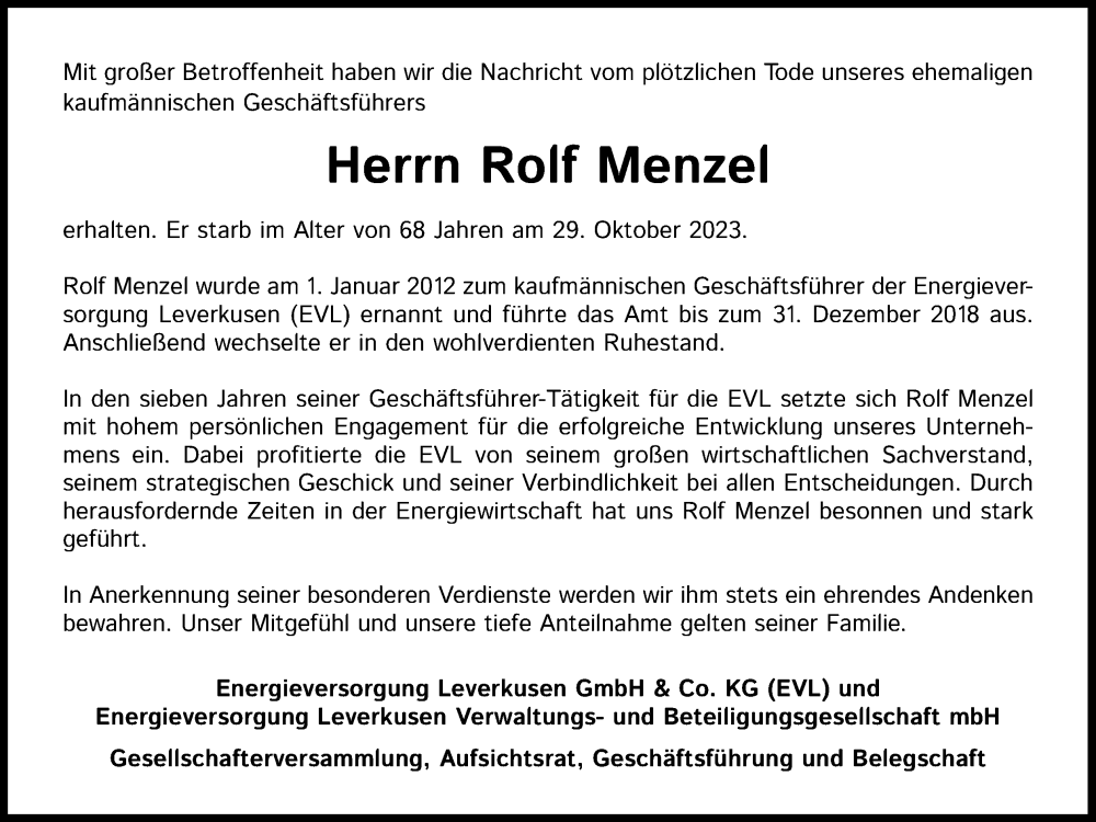 Traueranzeige für Rolf Menzel vom 04.11.2023 aus Kölner Stadt-Anzeiger / Kölnische Rundschau / Express