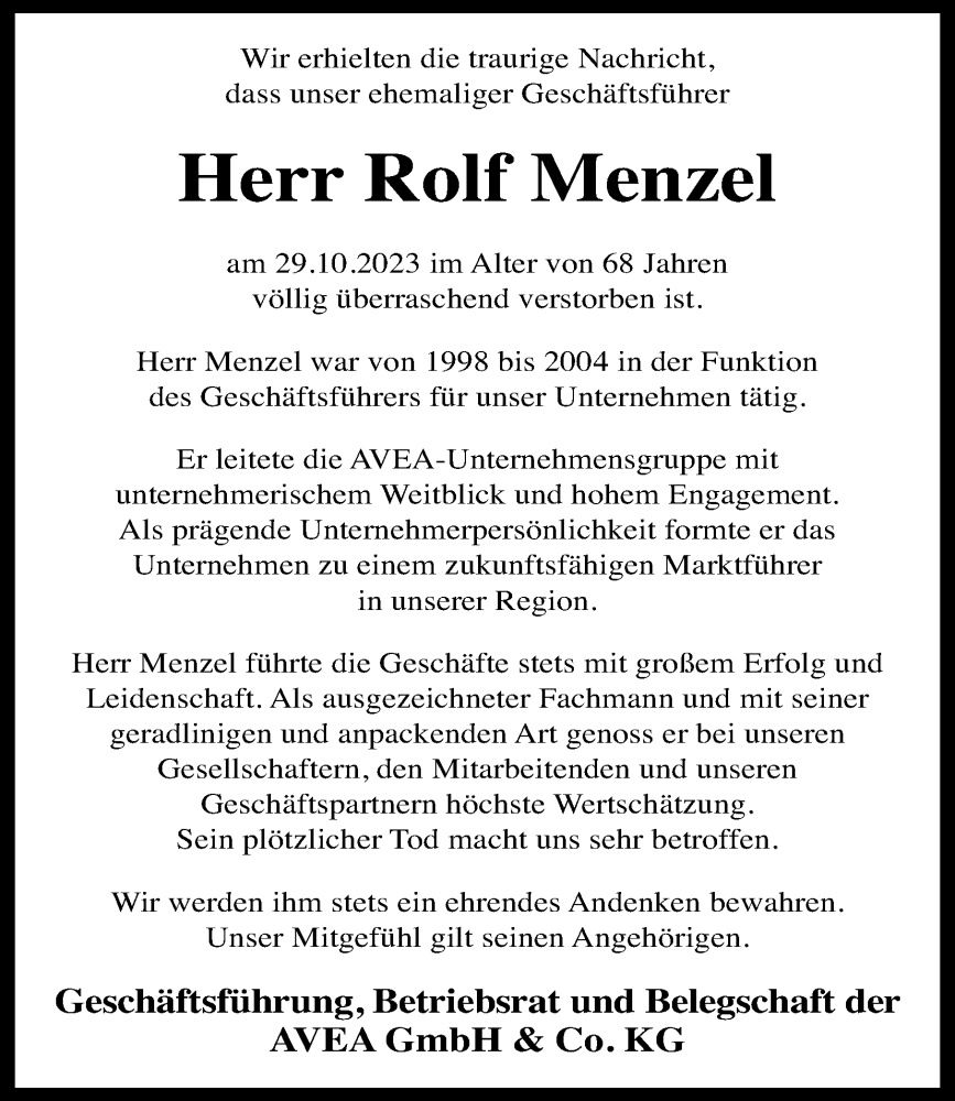  Traueranzeige für Rolf Menzel vom 04.11.2023 aus Kölner Stadt-Anzeiger / Kölnische Rundschau / Express