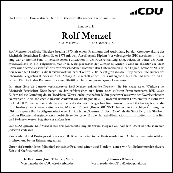 Anzeige von Rolf Menzel von Kölner Stadt-Anzeiger / Kölnische Rundschau / Express