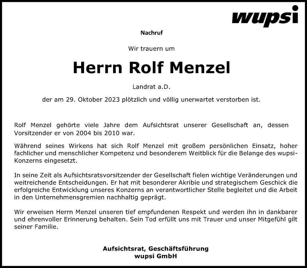  Traueranzeige für Rolf Menzel vom 06.11.2023 aus Kölner Stadt-Anzeiger / Kölnische Rundschau / Express