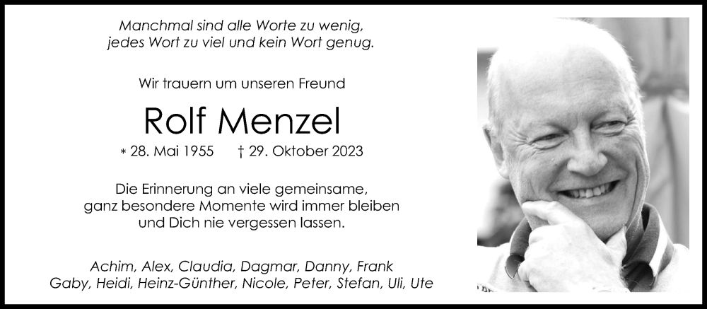 Traueranzeige für Rolf Menzel vom 04.11.2023 aus Kölner Stadt-Anzeiger / Kölnische Rundschau / Express