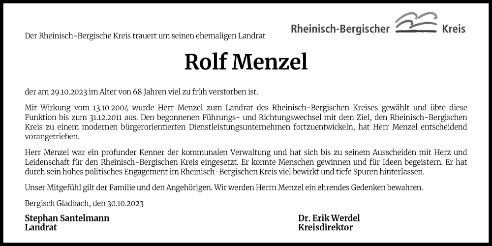  Traueranzeige für Rolf Menzel vom 04.11.2023 aus Kölner Stadt-Anzeiger / Kölnische Rundschau / Express