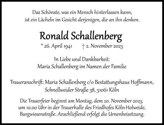 Anzeige von Ronald Schattenberg von Kölner Stadt-Anzeiger / Kölnische Rundschau / Express