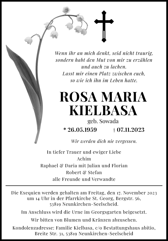  Traueranzeige für Rosa MAria Kielbasa vom 11.11.2023 aus Kölner Stadt-Anzeiger / Kölnische Rundschau / Express