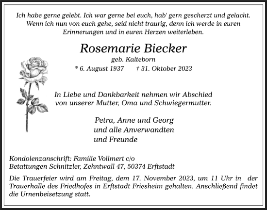 Anzeige von Rosemarie Biecker von  Werbepost 