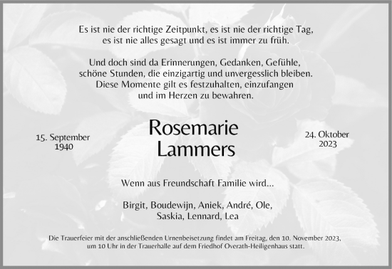 Anzeige von Rosemarie Lammers von Kölner Stadt-Anzeiger / Kölnische Rundschau / Express