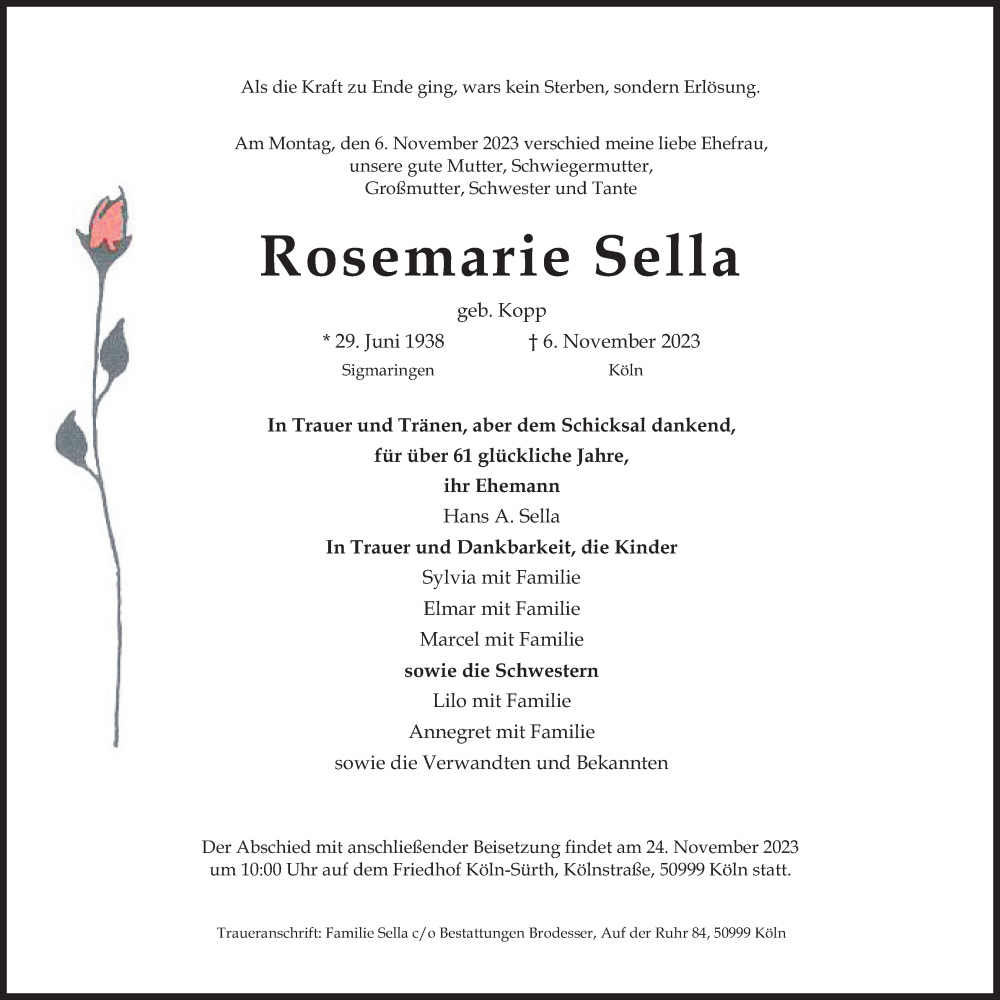  Traueranzeige für Rosemarie Sella vom 22.11.2023 aus Kölner Stadt-Anzeiger / Kölnische Rundschau / Express